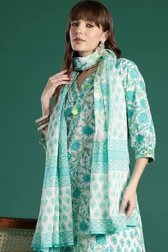 Women Floral Printed Mirror Work Pure Cotton Kurta with Trousers & Dupatta