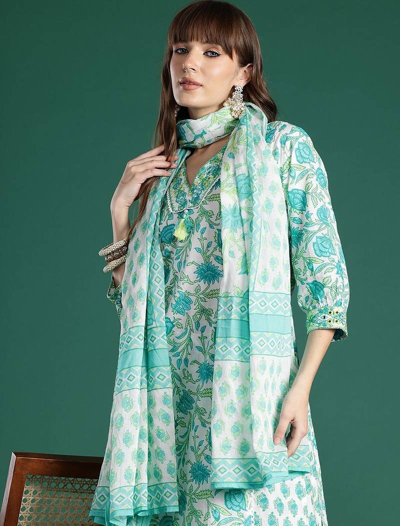 Women Floral Printed Mirror Work Pure Cotton Kurta with Trousers & Dupatta