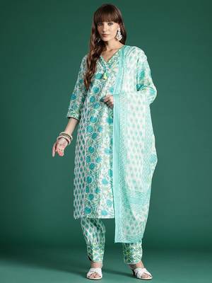 Women Floral Printed Mirror Work Pure Cotton Kurta with Trousers & Dupatta 5