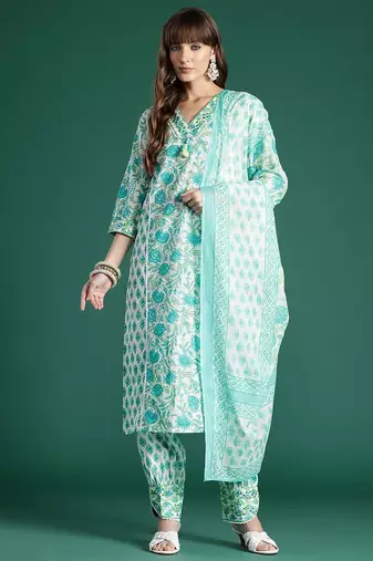 Women Floral Printed Mirror Work Pure Cotton Kurta with Trousers & Dupatta