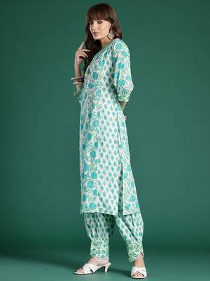 Women Floral Printed Mirror Work Pure Cotton Kurta with Trousers & Dupatta 6