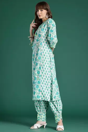 Women Floral Printed Mirror Work Pure Cotton Kurta with Trousers & Dupatta