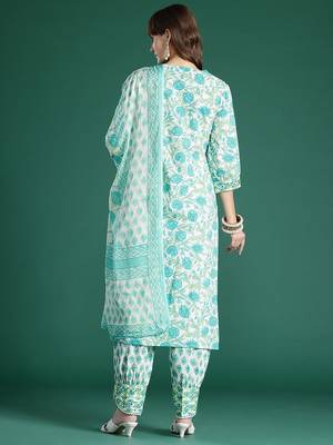 Women Floral Printed Mirror Work Pure Cotton Kurta with Trousers & Dupatta 7
