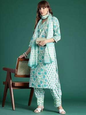 Women Floral Printed Mirror Work Pure Cotton Kurta with Trousers & Dupatta 8