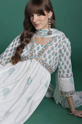 Floral Printed Empire  Cotton Kurta with Trousers & Dupatta
