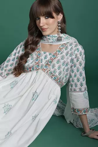 Floral Printed Empire Pure Cotton Kurta with Trousers & Dupatta