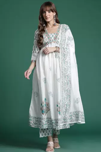 Floral Printed Empire Pure Cotton Kurta with Trousers & Dupatta