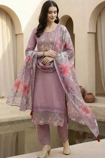 Women Floral Embroidered Regular Thread Work Linen Kurta with Trousers & With Dupatta