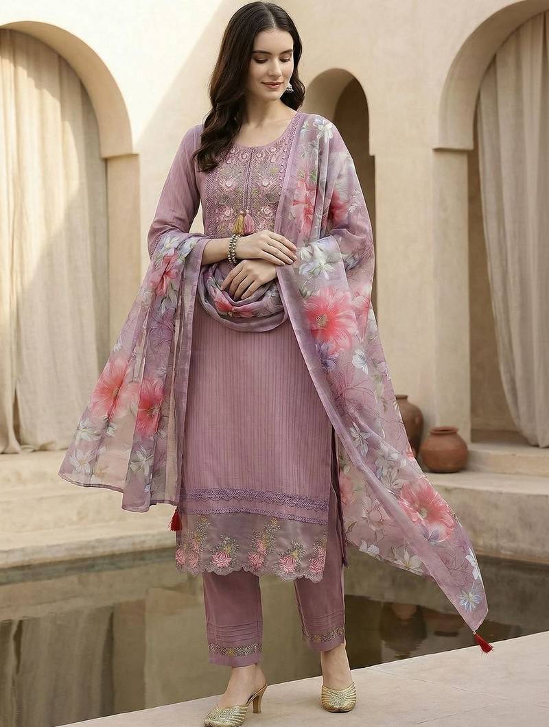 Women Floral Embroidered Regular Thread Work Linen Kurta with Trousers & With Dupatta
