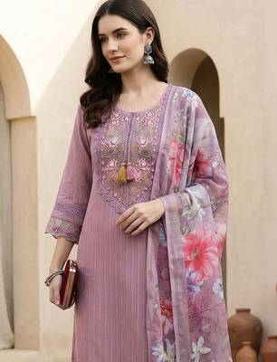 Women Floral Embroidered Regular Thread Work Linen Kurta with Trousers & With Dupatta 2