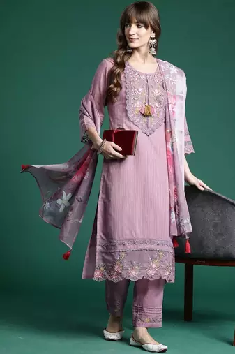 Women Floral Embroidered Regular Thread Work Linen Kurta with Trousers & With Dupatta