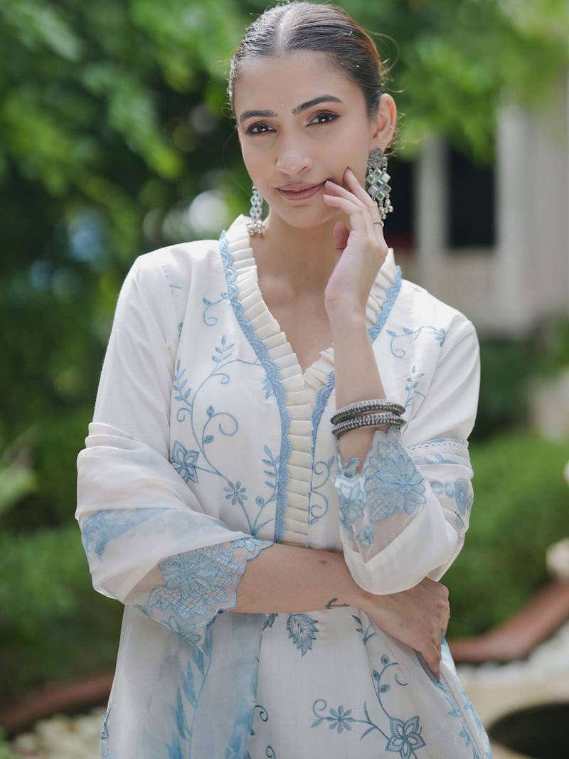 Floral Embroidered Thread Work Kurta With Trousers & Dupatta