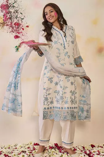 Floral Embroidered Thread Work Kurta With Trousers & Dupatta