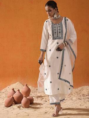 White Floral Embroidered Straight Kurta with Trousers & Dupatta 1