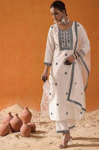 White Floral Embroidered Straight Kurta with Trousers & Dupatta