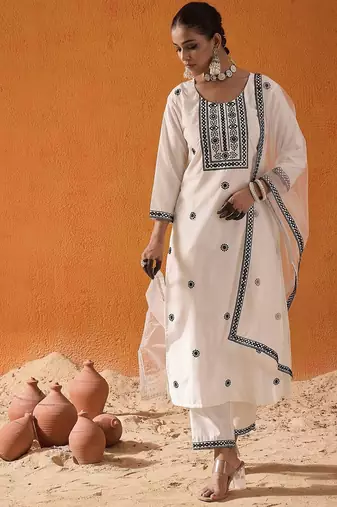 White Floral Embroidered Straight Kurta with Trousers & Dupatta