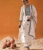 White Floral Embroidered Straight Kurta with Trousers & Dupatta