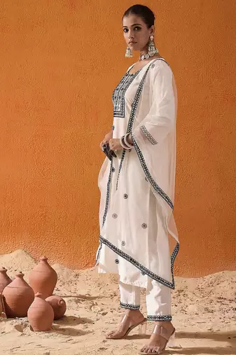 White Floral Embroidered Straight Kurta with Trousers & Dupatta