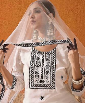 White Floral Embroidered Straight Kurta with Trousers & Dupatta 4