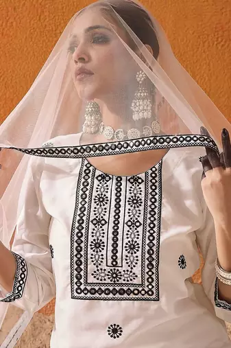 White Floral Embroidered Straight Kurta with Trousers & Dupatta