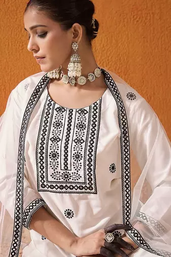White Floral Embroidered Straight Kurta with Trousers & Dupatta