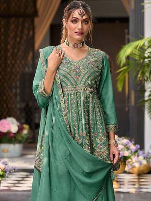 Floral Embroidered Sequinned V-Neck A-Line Kurta With Palazzos & Dupatta 1