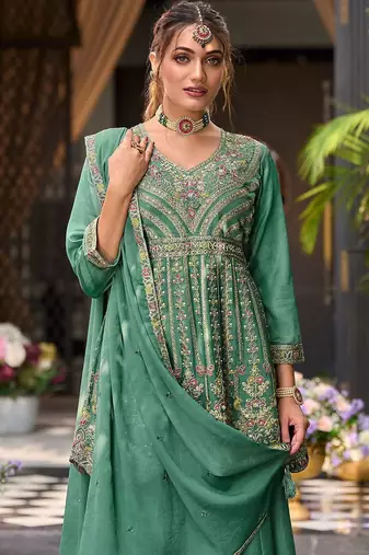 Floral Embroidered Sequinned V-Neck A-Line Kurta With Palazzos & Dupatta