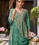 Floral Embroidered Sequinned V-Neck A-Line Kurta With Palazzos & Dupatta