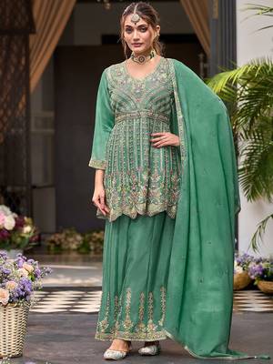 Floral Embroidered Sequinned V-Neck A-Line Kurta With Palazzos & Dupatta 2