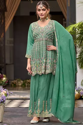 Floral Embroidered Sequinned V-Neck A-Line Kurta With Palazzos & Dupatta