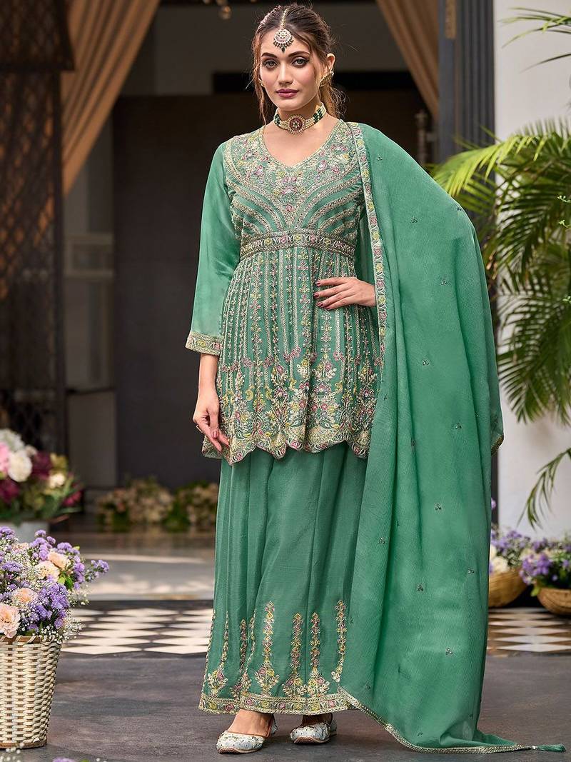 Floral Embroidered Sequinned V-Neck A-Line Kurta With Palazzos & Dupatta