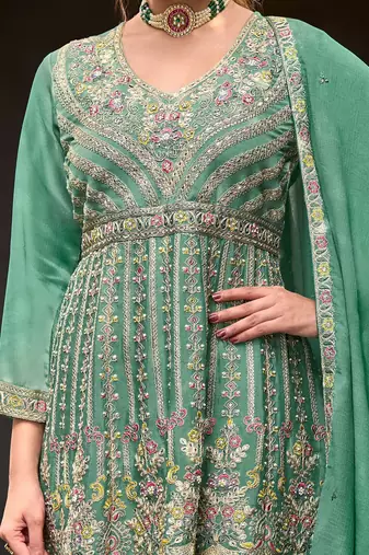 Floral Embroidered Sequinned V-Neck A-Line Kurta With Palazzos & Dupatta