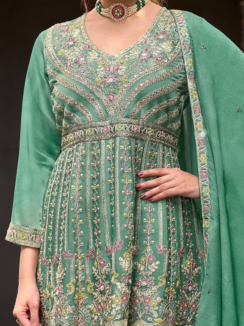 Floral Embroidered Sequinned V-Neck A-Line Kurta With Palazzos & Dupatta