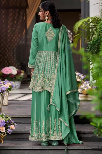 Floral Embroidered Sequinned V-Neck A-Line Kurta With Palazzos & Dupatta