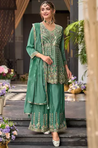 Floral Embroidered Sequinned V-Neck A-Line Kurta With Palazzos & Dupatta