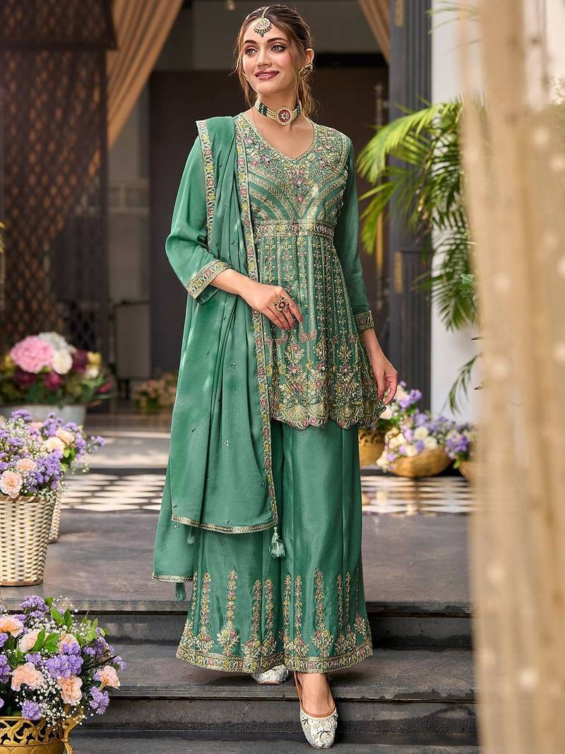 Floral Embroidered Sequinned V-Neck A-Line Kurta With Palazzos & Dupatta