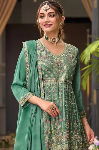 Floral Embroidered Sequinned V-Neck A-Line Kurta With Palazzos & Dupatta