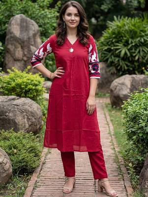 Women Embroidered Pleated Thread Work Pure Cotton Kurta with Trousers 1