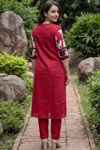 Women Embroidered Pleated Thread Work Pure Cotton Kurta with Trousers