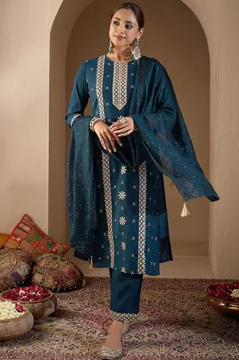 Women Ethnic Motifs Embroidered Regular Sequinned Kurta with Trousers & With Dupatta