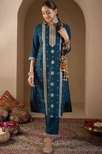 Women Ethnic Motifs Embroidered Regular Sequinned Kurta with Trousers & With Dupatta