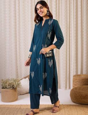 Women Ethnic Motifs Embroidered Regular Thread Work Pure Cotton Kurta with Trousers 7