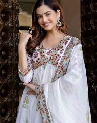 Floral Printed Empire Pure Cotton A-Line Kurta With Trousers & Dupatta 1