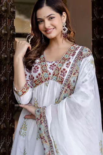 Floral Printed Empire Pure Cotton A-Line Kurta With Trousers & Dupatta
