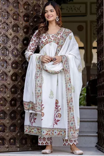 Floral Printed Empire Pure Cotton A-Line Kurta With Trousers & Dupatta