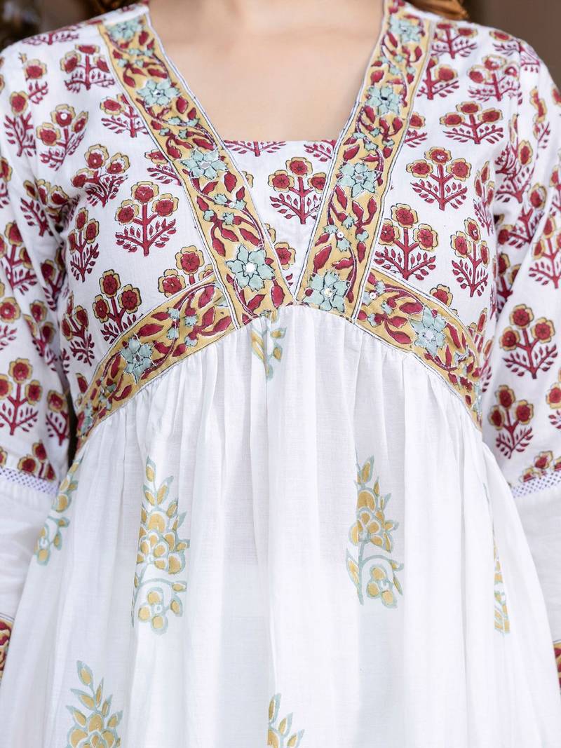 Floral Printed Empire Pure Cotton A-Line Kurta With Trousers & Dupatta