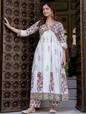 Floral Printed Empire Pure Cotton A-Line Kurta With Trousers & Dupatta 5