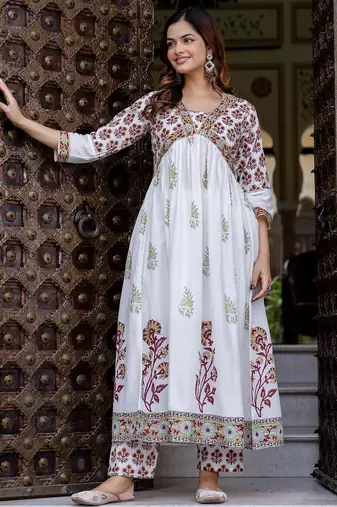 Floral Printed Empire Pure Cotton A-Line Kurta With Trousers & Dupatta
