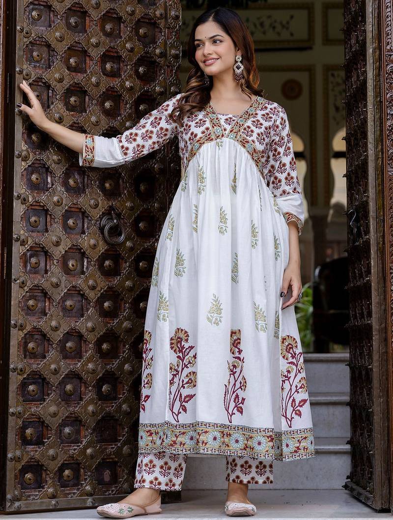 Floral Printed Empire Pure Cotton A-Line Kurta With Trousers & Dupatta