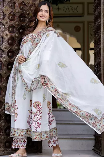 Floral Printed Empire Pure Cotton A-Line Kurta With Trousers & Dupatta